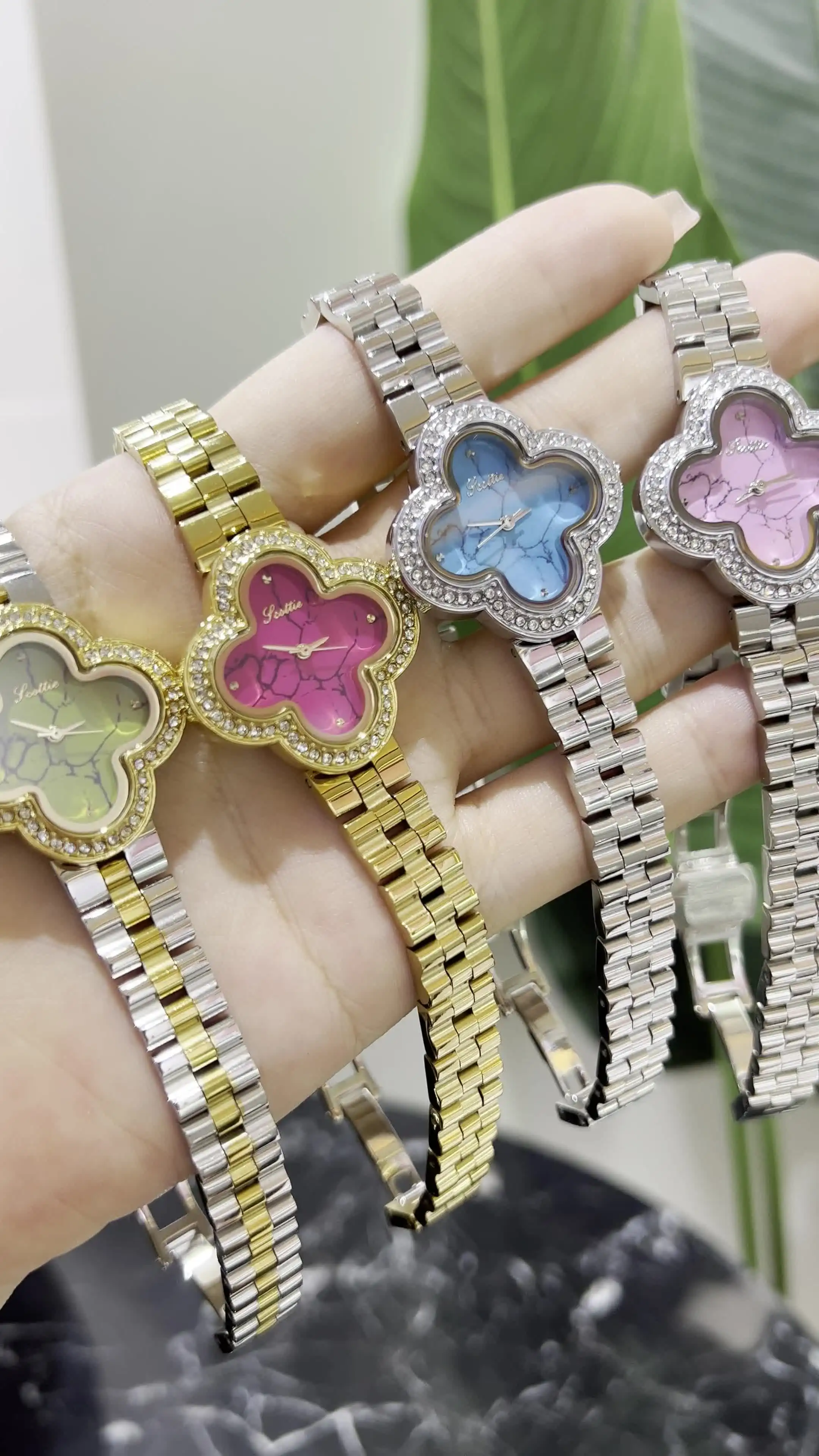 Gold Flower-Shaped Crystal Bangle Watch Dainty Gold Elegant Floral Bangle Watch With Crystal  main image 2