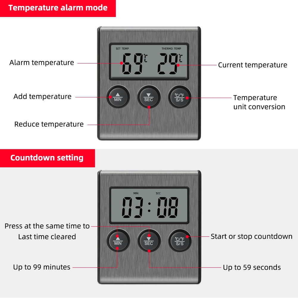Portable Timer Digital BBQ Food Thermometer Barbecue Meat Cooking Kitchen Outdoor Household Probe Grill Bbq Tools LCD Display
