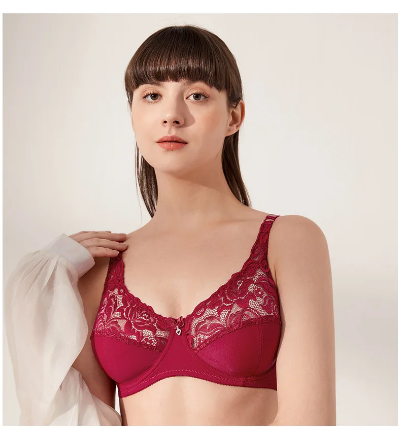 Ultra-Thin Large Size Steel Ring Bra Sexy Lace Lingerie with Adjustable Gathered Cups Breathable Feature for Foreign Trade