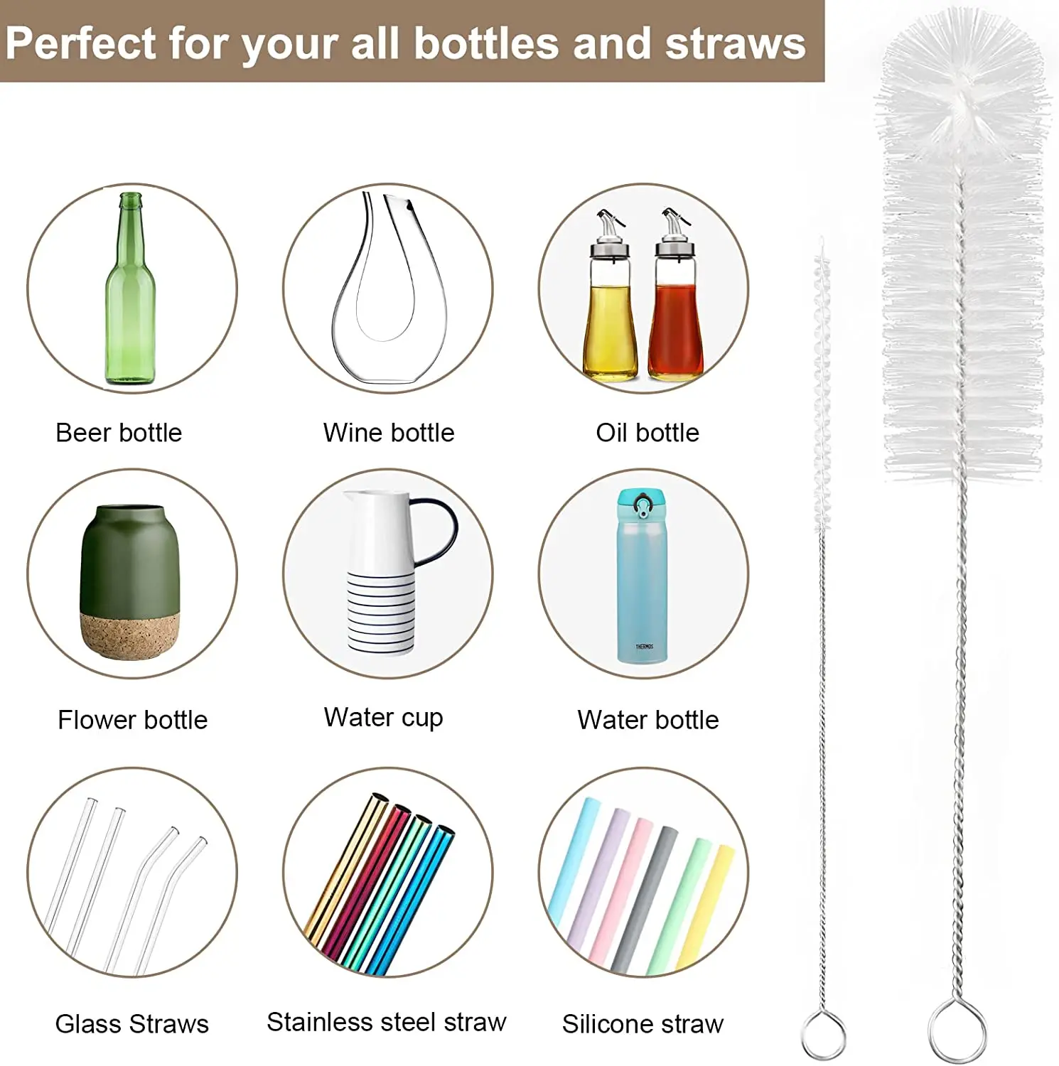 Small Cleaning Bottle Brush Set Long Nylon Drinking Straw Cleaner Set