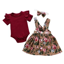 Newborn Baby Girl Clothes Infant Romper Top+Strap Dress 3pcs Summer Toddler Baby Clothing Outfits Set