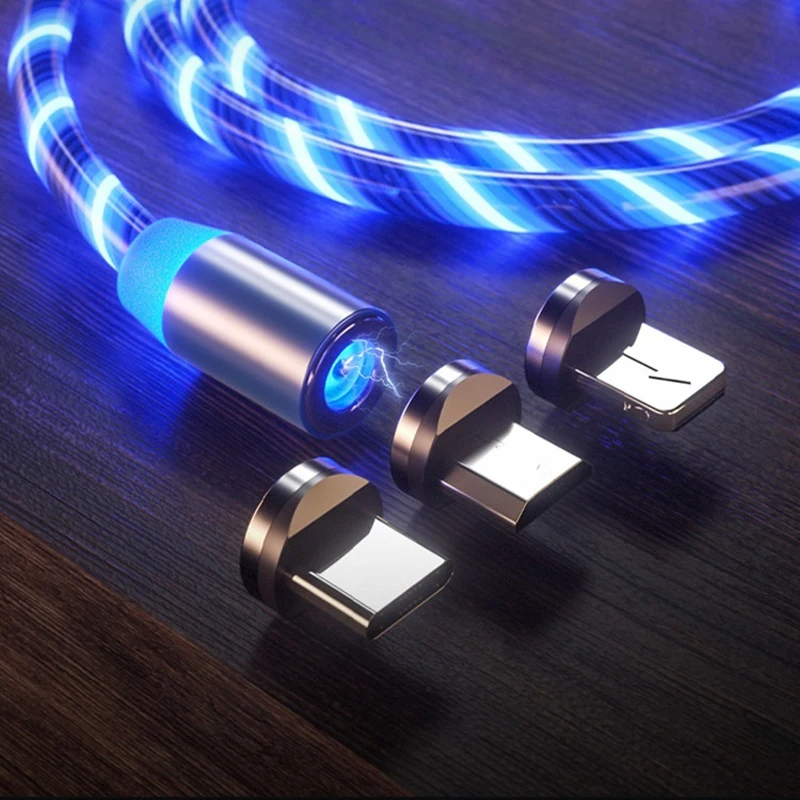 2020 3in1 Flowing Light LED Magnetic Charging Cable Micro USB Type C Magnet USB Cable Streamer Phone Charger Cable For iPhone