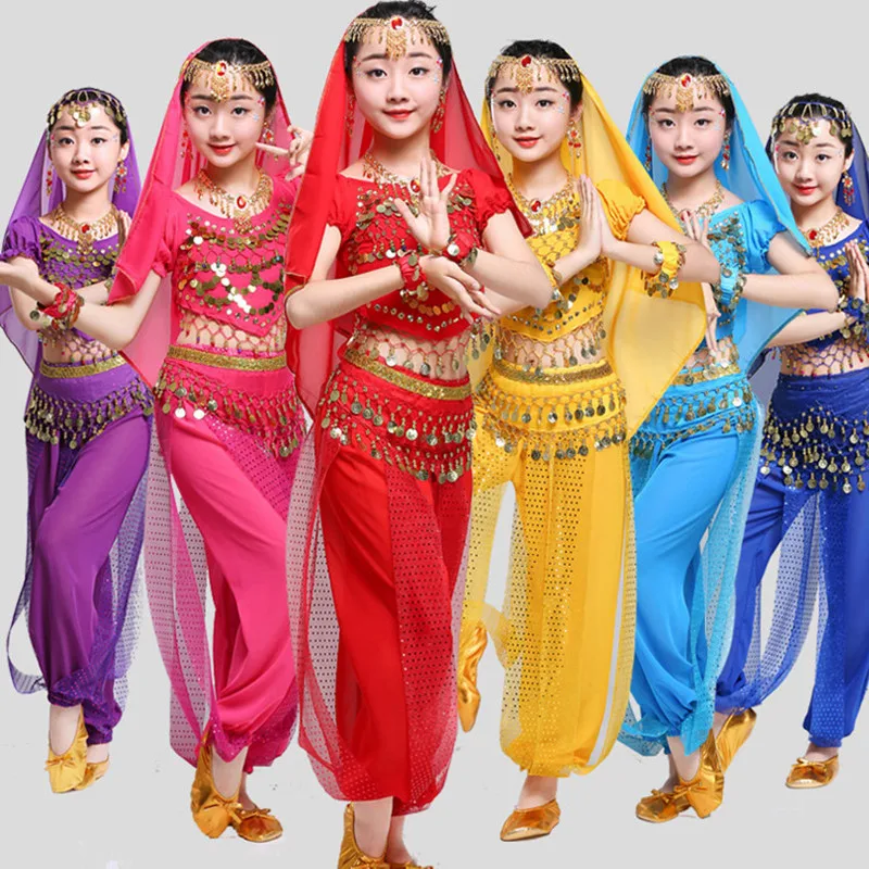 Acheter Costume de danse du ventre indien pour enfants filles, ensemble  hauts + pantalons + chaîne de taille + couvre-chef, vêtements de danse