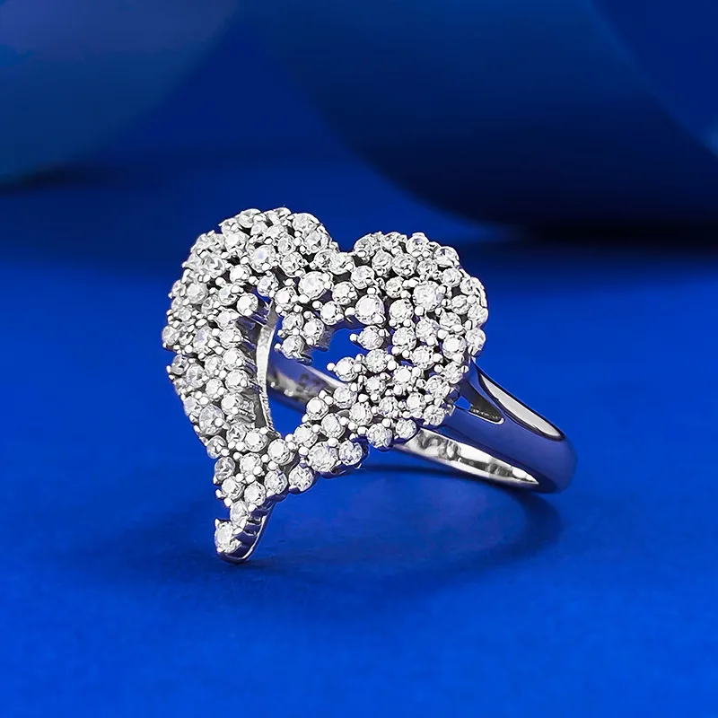 New S925 Silver Full Diamond Ring European American Style Classic Commuter Ring Lab Diamond Main Bright Love Shape
