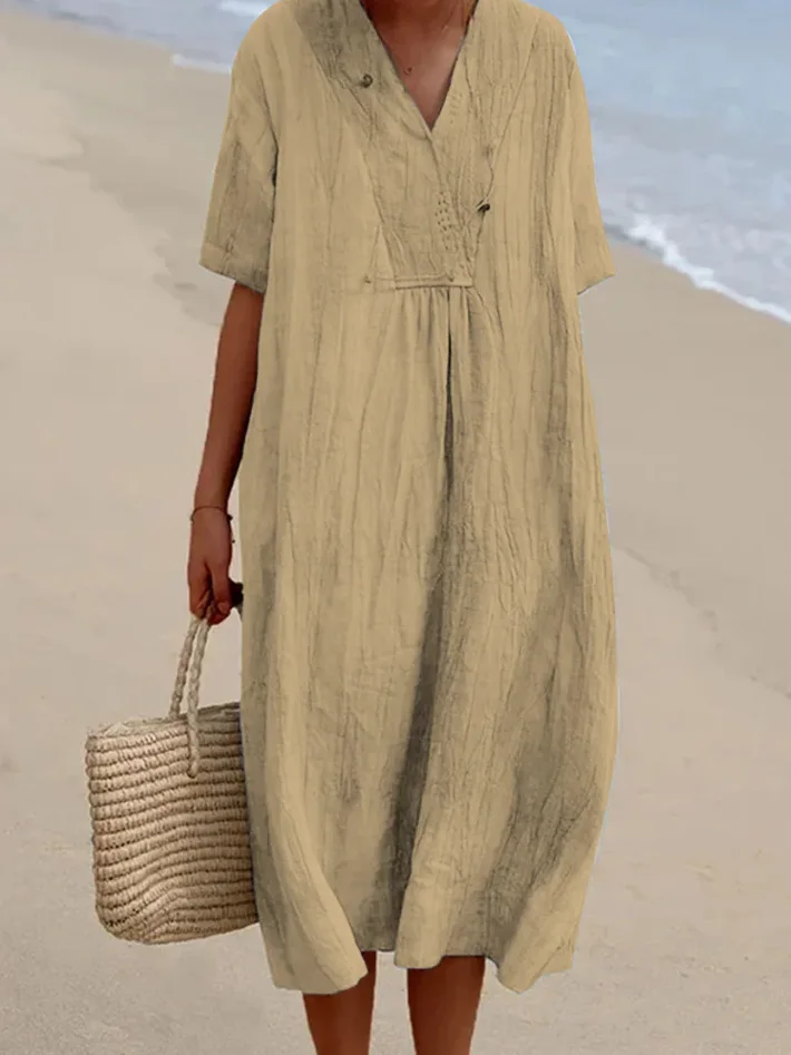 In Stock 2025 Spring Summer New Women's Fashion Versatile Hot-Selling Casual Slimming Dress Solid Color Cotton Linen