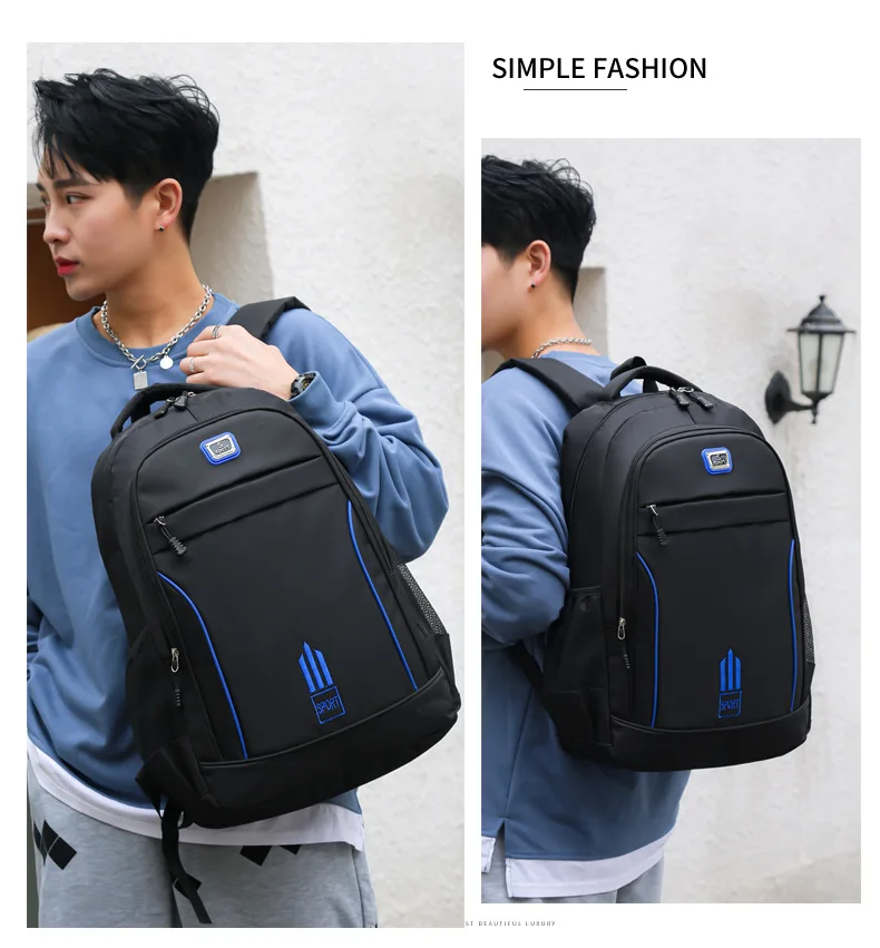 Men's Nylon Oxford Cloth Backpack Large Capacity Casual Travel Bag Polyester Lining Waterproof for Students Simple Everyday Use