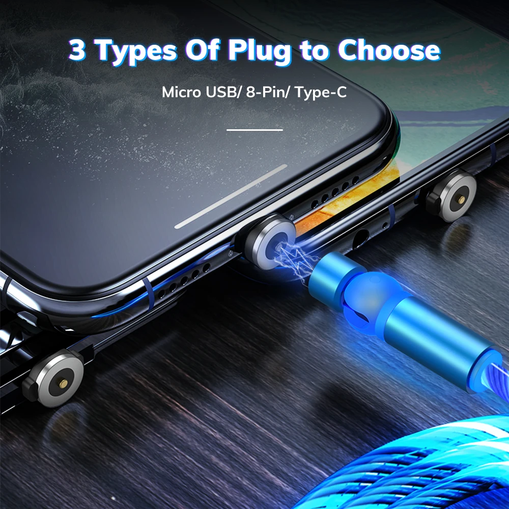 Topk android ios usb phone cable type-c 540 rotating led flowing light magnetic charging cable 3 in 1 - ANKUX.COM
