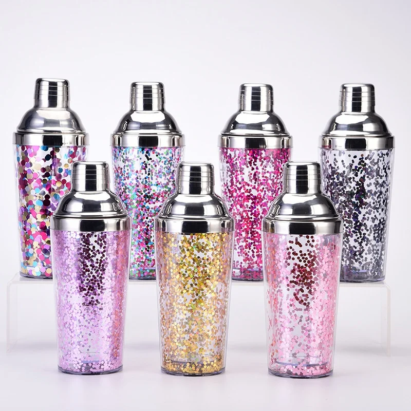 product creative fashion dual layer plastic stainless steel 450ml reusable durable cocktail shaker sparkle glitter wine boston shaker-1