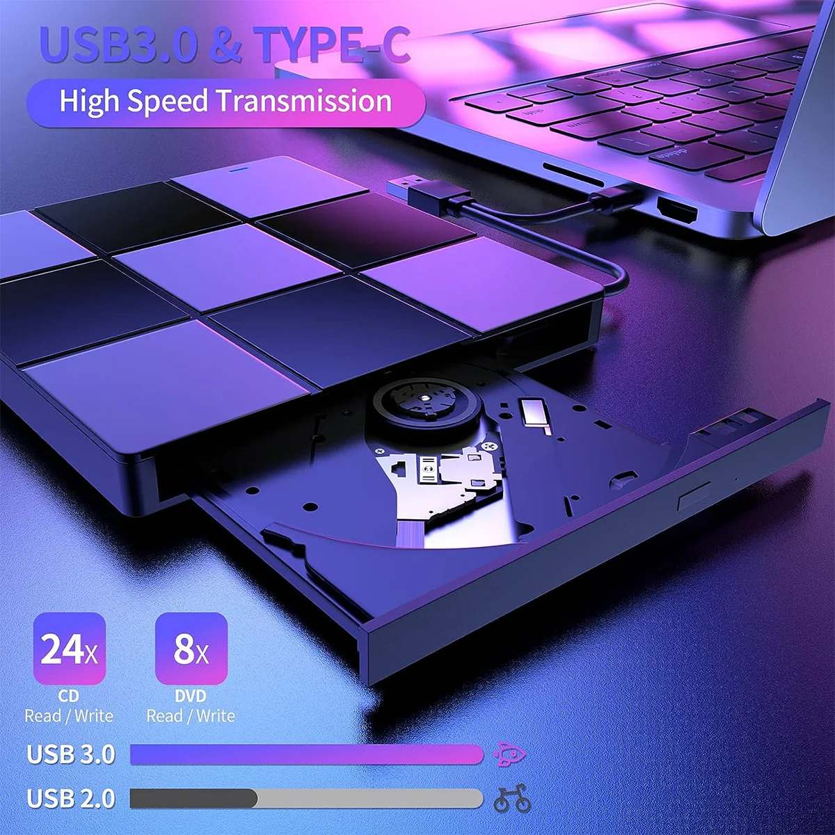 External CD/DVD Drive, 7 in 1 USB Ultra-Slim Portable CD/DVD Player Burner, CD ROM External DVD Drive for Laptop Desktop PC