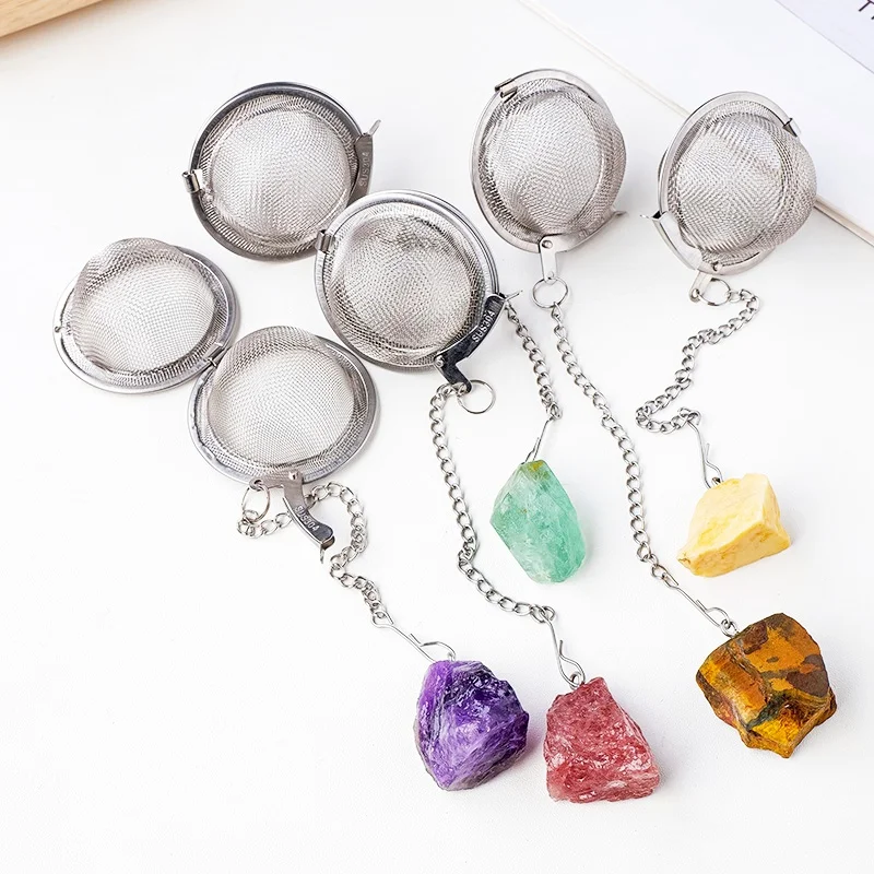 Custom Stainless Steel Chain Mesh Ball Tea Filter with Natural Crystal Stone Decorative Pendant Set for Coffee Tea factory