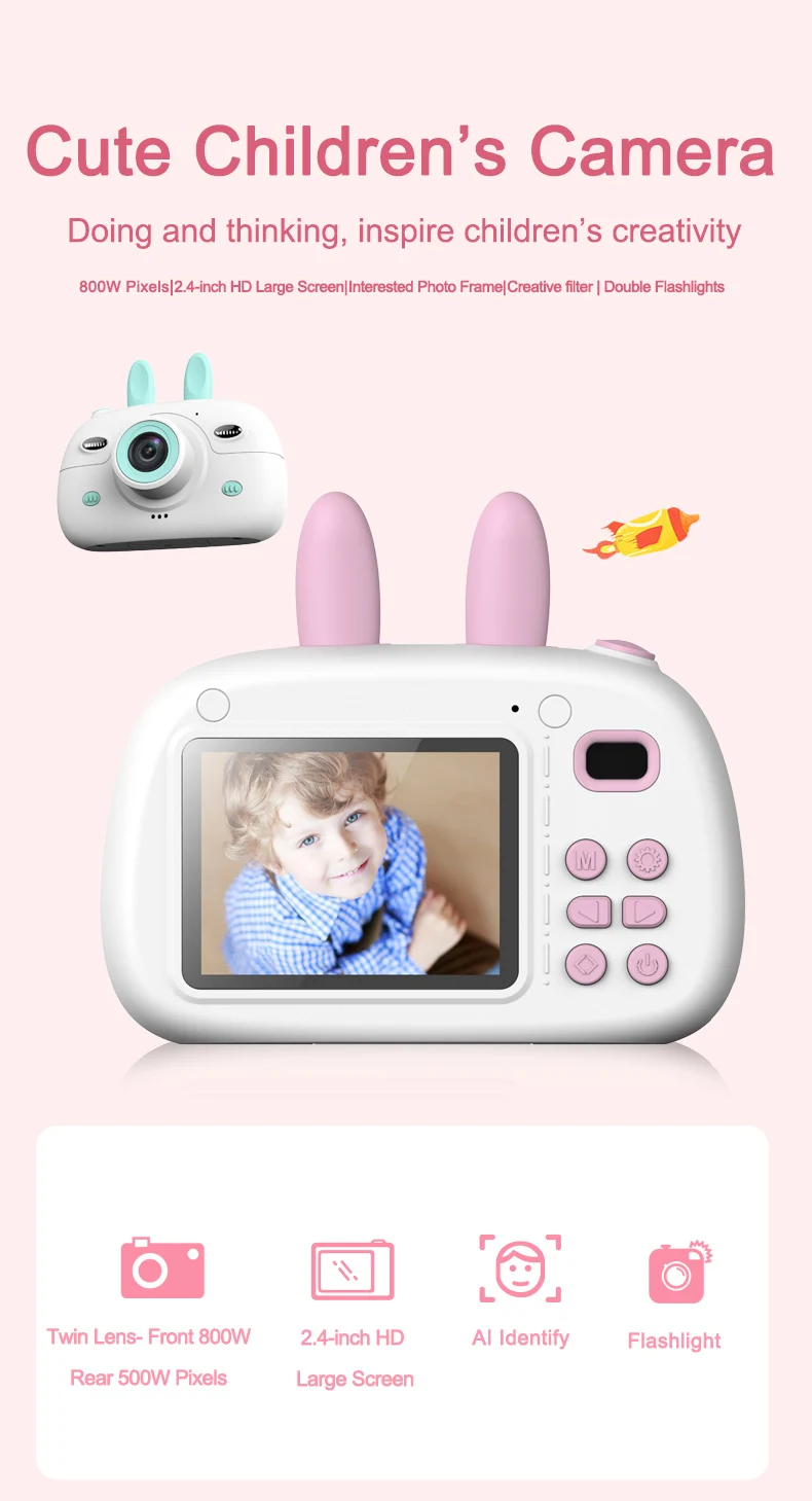 Cute A3 Kids Camera Toys 2.4 inches Digital Kids Camera Front Camera 800w Pixels Double-flashlight Support 32G