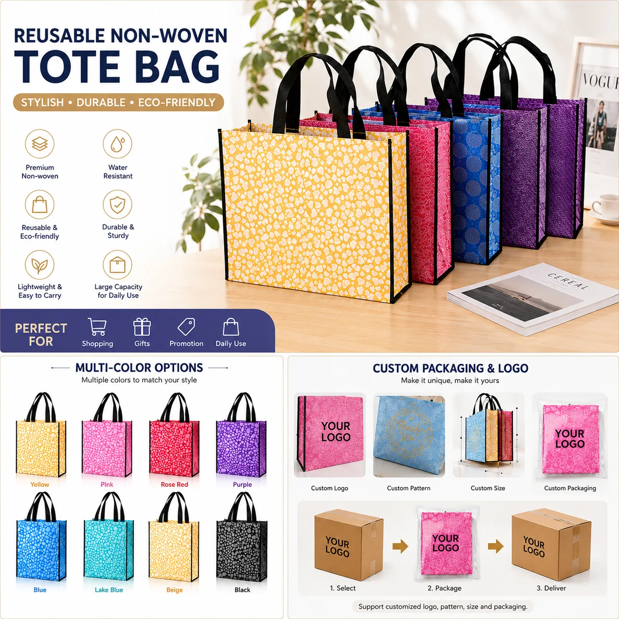 Premium 130g Laser Non-woven Tote, Custom Eco-friendly Shopping Bags with Logo for Promotion OEM