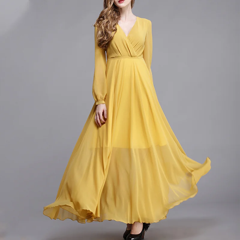 2020 Spring Summer  New look fashion long sleeve women yellow elegant maxi dress