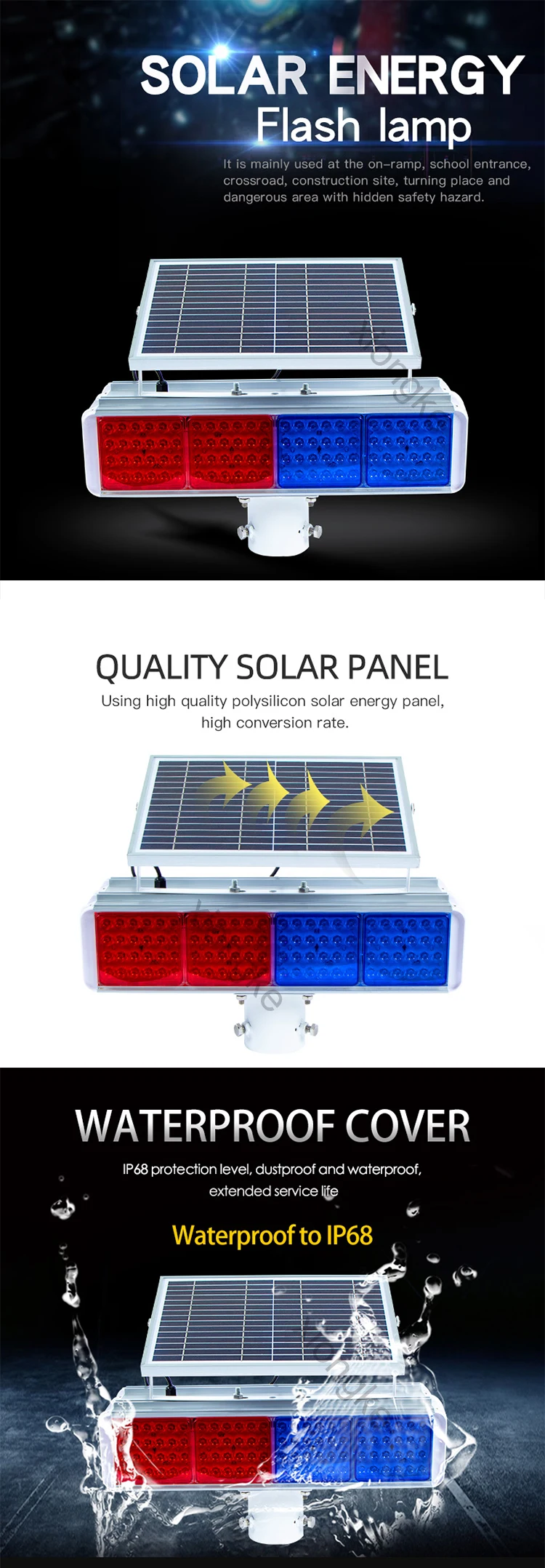 LED Solar Red Blue Strobe Warning Light Construction Safety Road Barricade Traffic Automatic Vehicle Signal Beacon Lamp