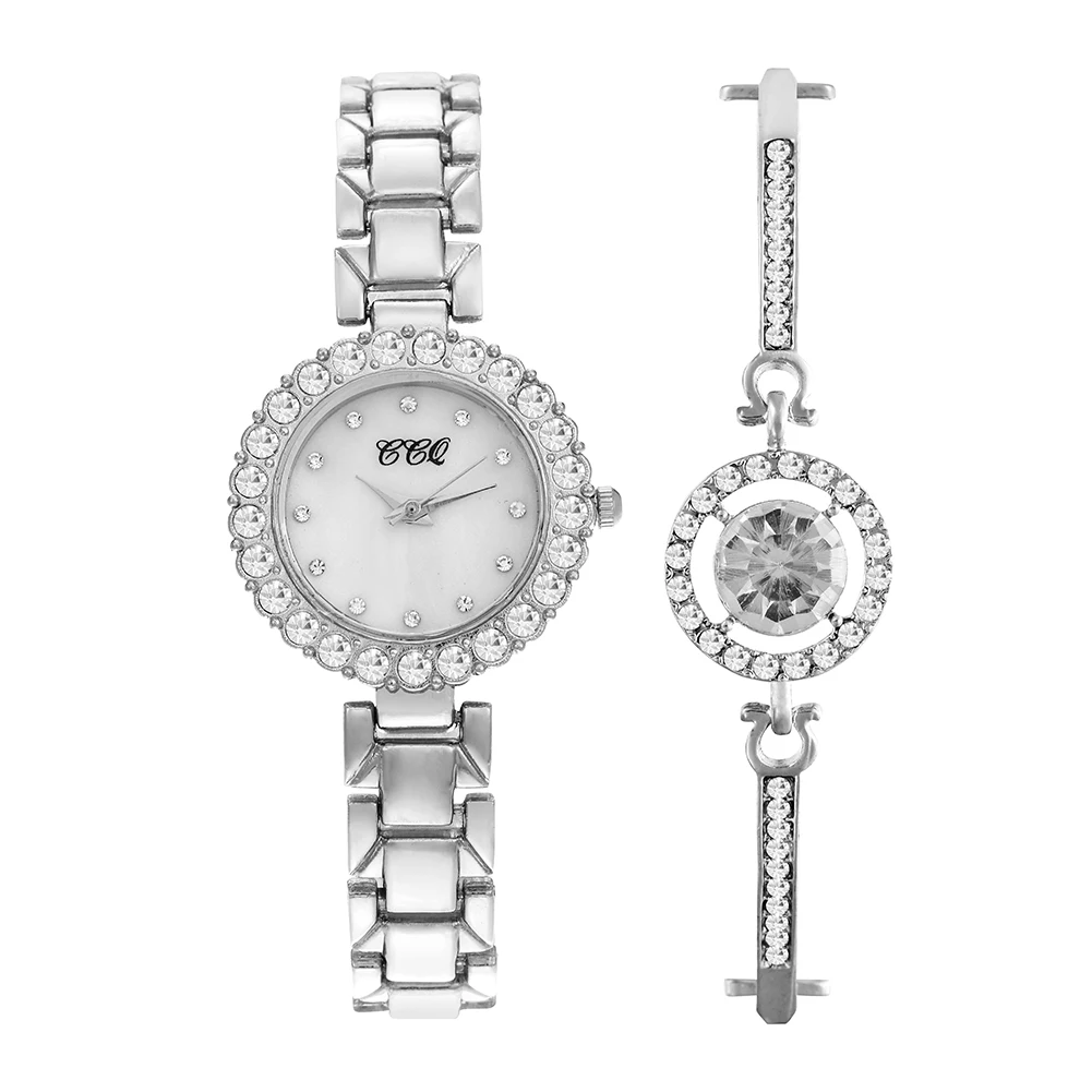 Luxury Diamond Around Face Silver Ladies Watches Quartz 2 pcs Watch Bracelet Jewelry Set TW467