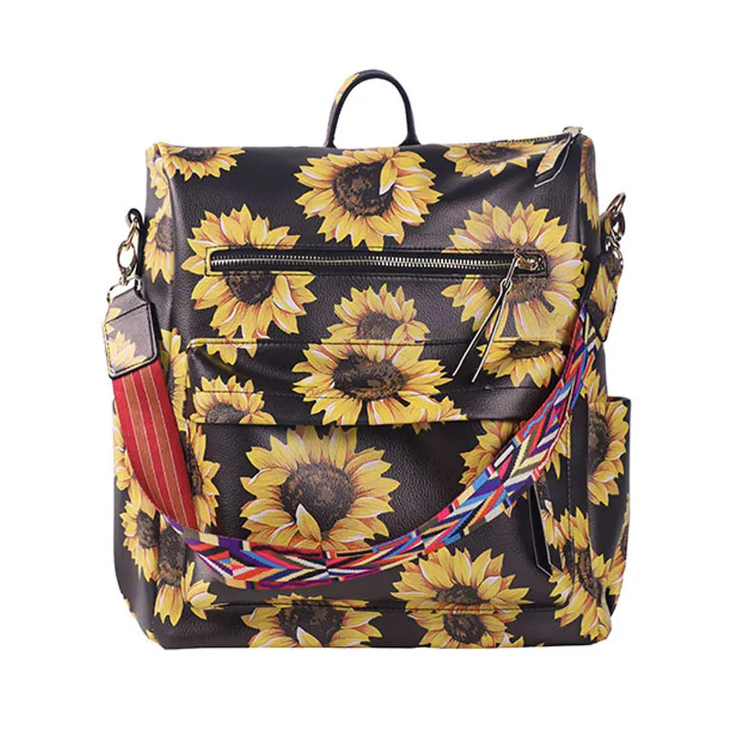 

OEM Factory Wholesale Sunflower School Backpack Women Large Capacity Vintage Boho Backpack Purse with Guitar Strap for Girls