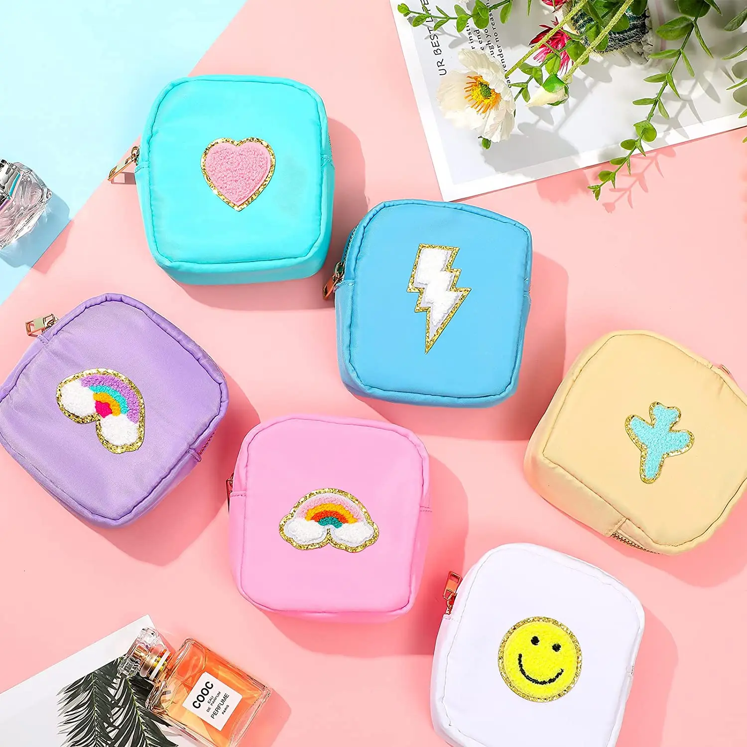 Travel Preppy Patch Nylon Makeup Pouch Zipper Cosmetic Bag Custom