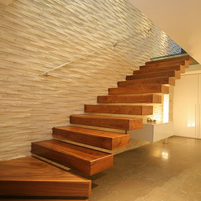 Prefab floating staircase modern carbon steel mono beam beech/oak wood tread stairs indoor/staircase design for houses factory