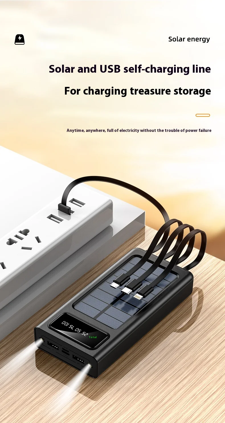 Wholesale 30000mAh Large Capacity Portable Charger 15W Output Built-In Four-Wire Solar Universal Mobile Wireless Charging Bank