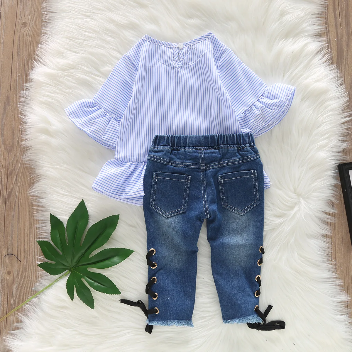 Amazon Boutique Takeaway Denim Girl Suit Stripe Top Lace-up Hole ...