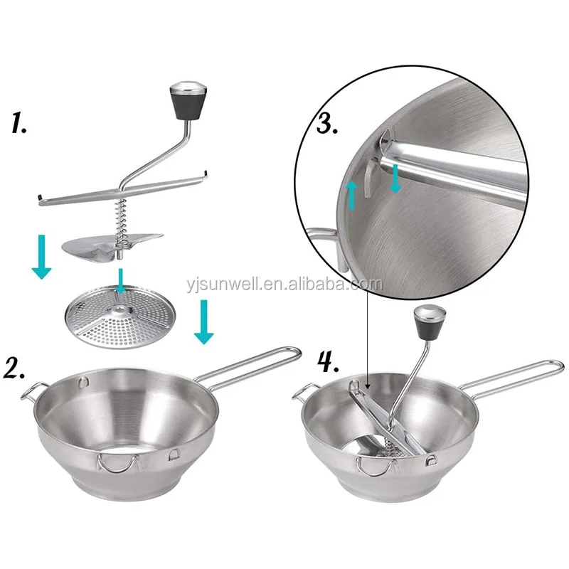 Stainless Steel Rotary Food Mill Potato Ricer With 3 Interchangeable