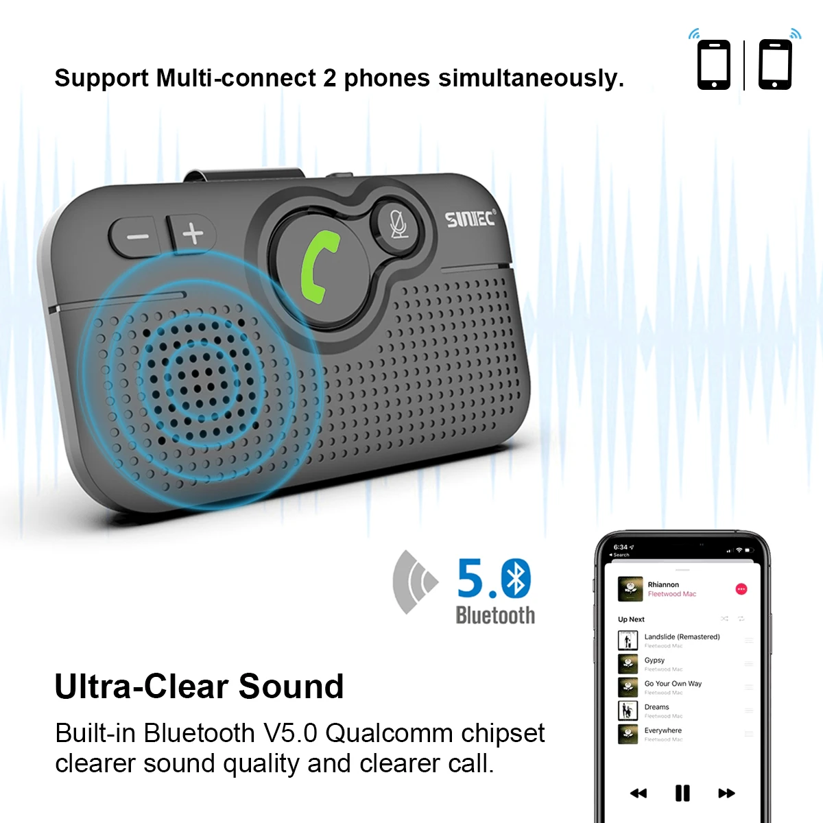 Bluetooth 5.0 Handsfree Car Kit Sun Visor Clip Audio Adapter Wireless Receiver Multipoint Speakerphone Auto Stereo Mp3 Player - ANKUX.COM
