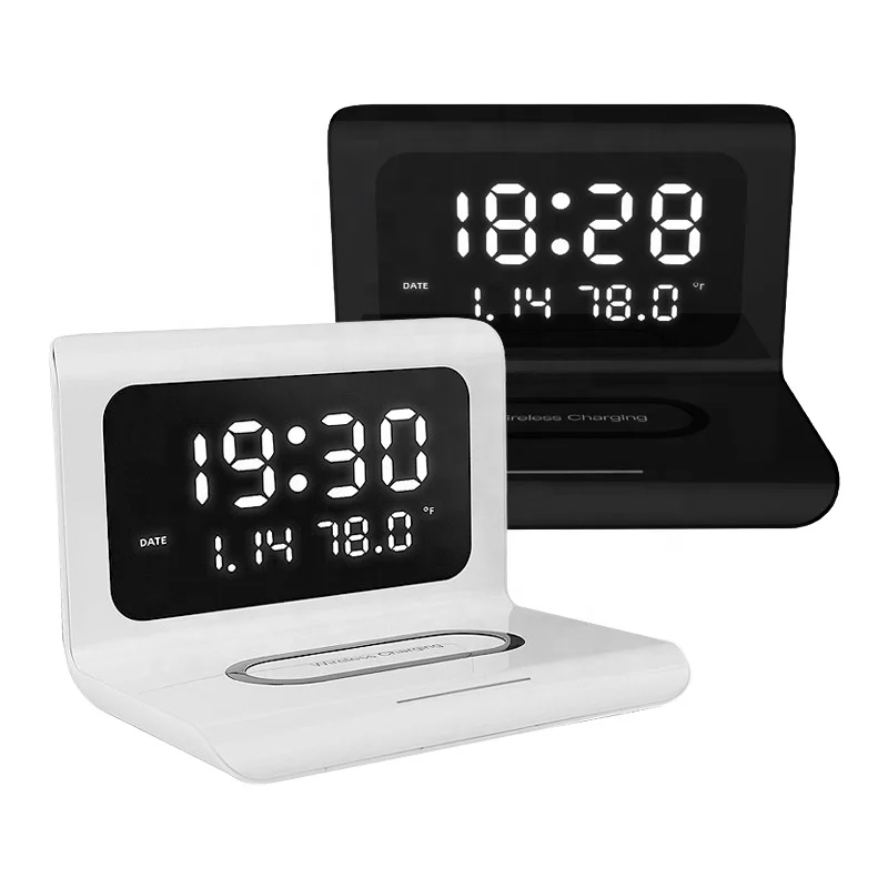 
Hot 2020 Wireless Charger Led Digital Display Desk Alarm Clock Wireless Charging Pad Clock for Smart Phone 