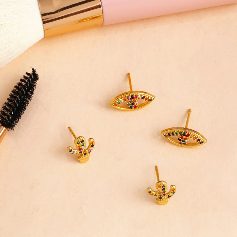 Popular 18k gold plated cz charm earrings colorful cactus eye rainbow jewelry earrings for women