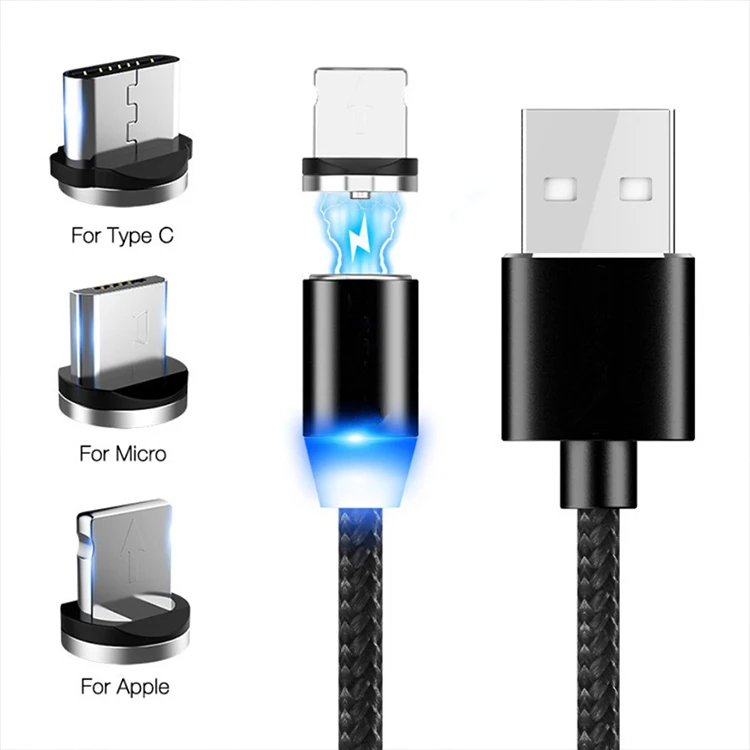 Hot Selling Colorful 2.4a Charging Micro Usb 8pin Type C 3in1 Magnetic Cable Led Light For Iphone Samsung Mobile Phone