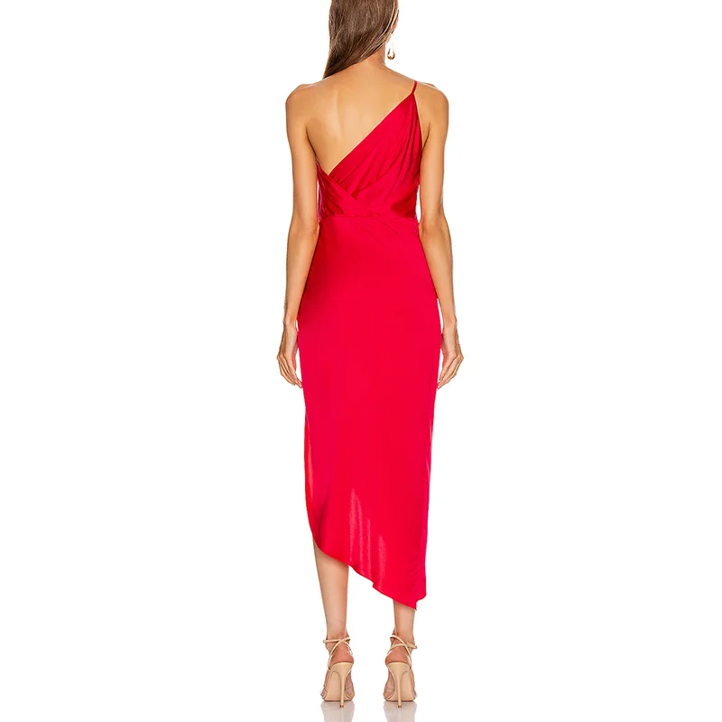 Sexy Red Silk Satin One Shoulder Sleeveless Ruched Asymmetrical ...