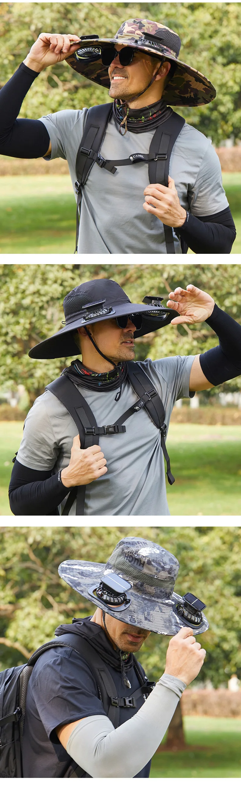Men's Large Size Quick-Dry Sun Hat Outdoor Camping Hiking Fishing Solar Charging Fisherman Hat Wide Brim Portable Wearable Fans