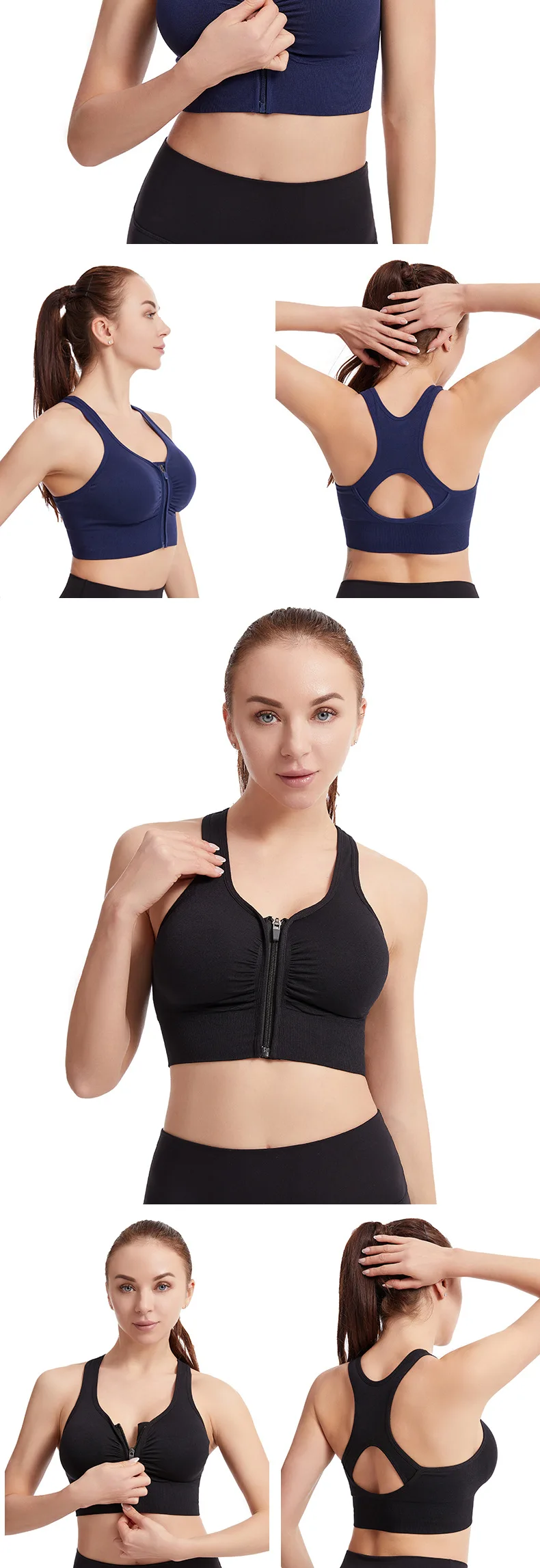 Women's Large Size Sports Bra for Running Yoga Fitness Shockproof Beautiful Hollow-out Back Front Zipper Wire-Free Solid Cup