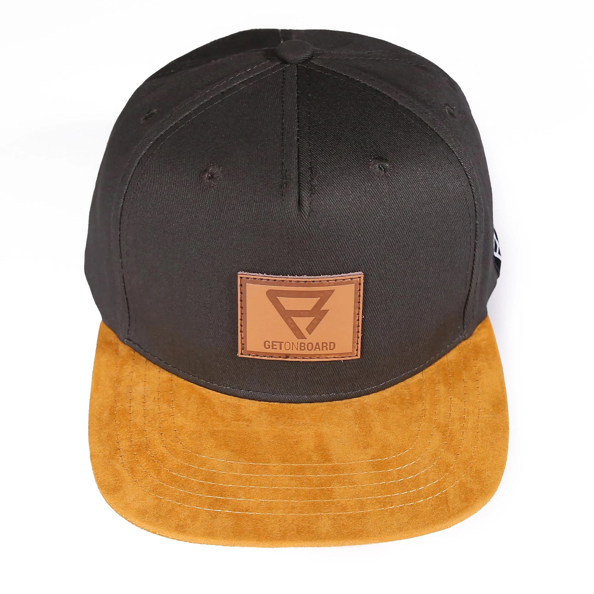 Customized Cheap Design Leather Patch Logo 5  Panel Suede Flat Brim Baseball Caps Wholesale