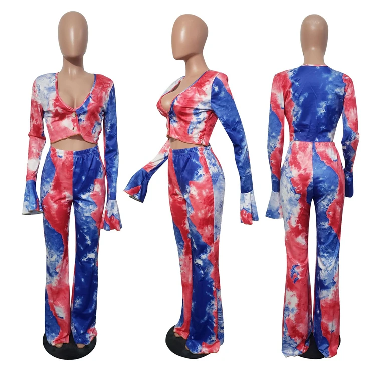 Best Seller Fall 2021 Fashion Sexy Tie Dye  Hollow Out Top And Pants Women Clothes Womens Two Piece Set