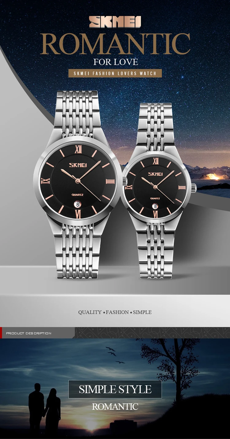 SKMEI 9139 Top 10 marche argento coppia orologio al quarzo di lusso in acciaio inossidabile cinturino impermeabile Auto data semplice orologio da polso coppia