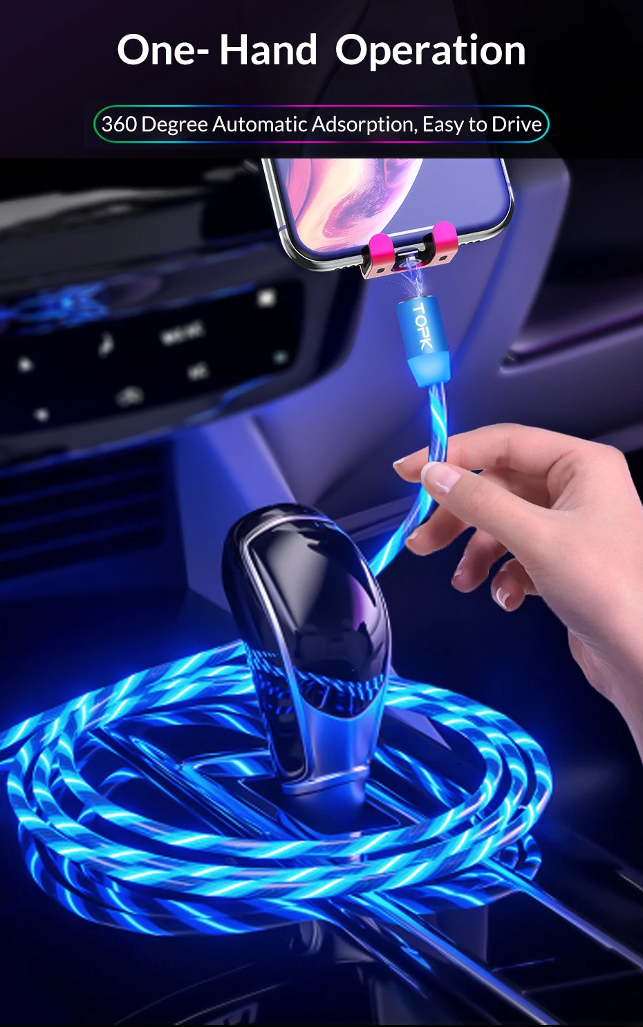 TOPK AM67 1M 3 In 1 Luminous LED Flowing Magnetic Phone Charging Cable For IOS Android Type C - ANKUX.COM