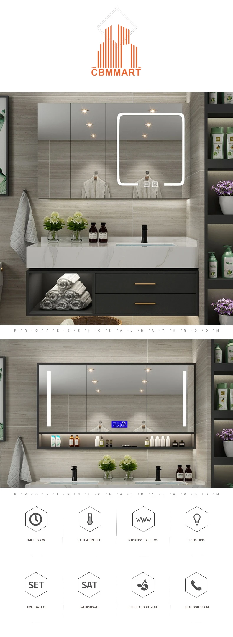 Latest bathroom cabinet simple smart mirror cabinet marble countertop washbasin cabinet with lights