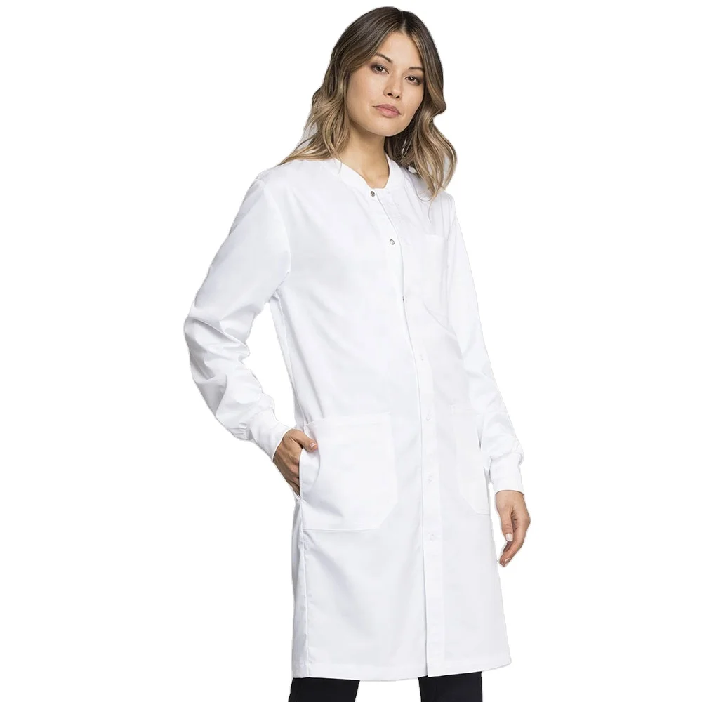 Unisex Lab Coat With Knit Cuffs Fluid/oil Resistant Antistatic Rib Cuff Sleeve Round Neck Lab