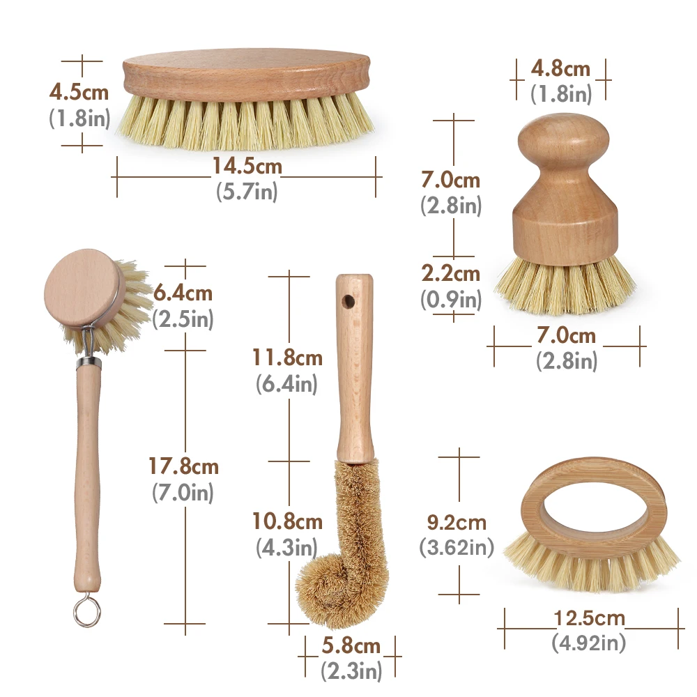 Masthome Eco-friendly 5pcs Kitchen Brush Set All Natural Fibre Wooden ...