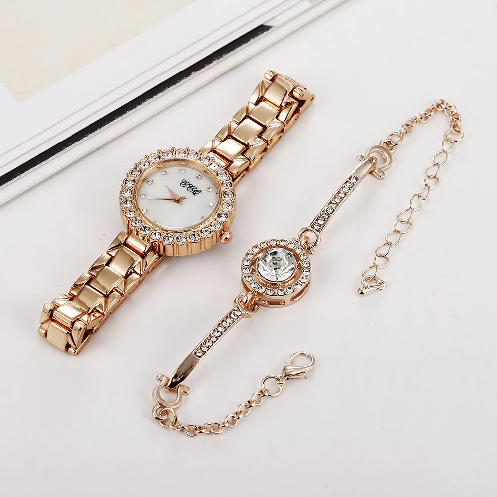 Luxury Diamond Around Face Silver Ladies Watches Quartz 2 pcs Watch Bracelet Jewelry Set TW467