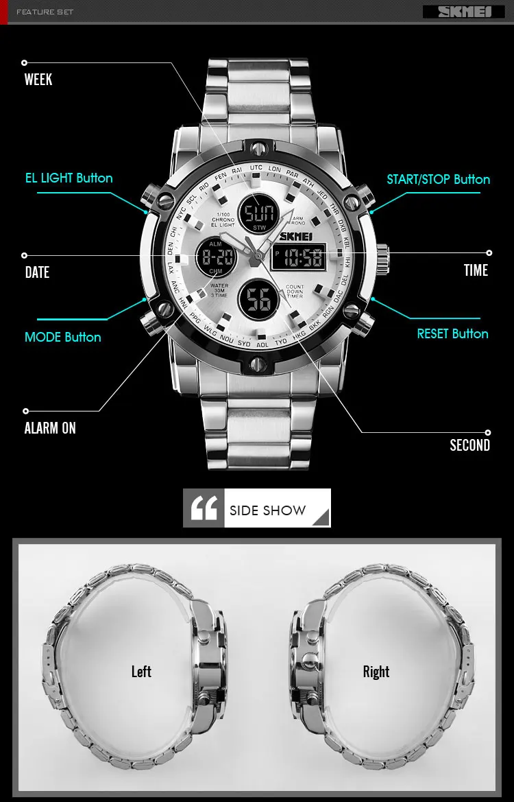 SKMEI 1389 Luxury Silver Gents Timepiece Dual Display Stainless Steel Band Calendar Multi Function Concise Casual Reloj Watch