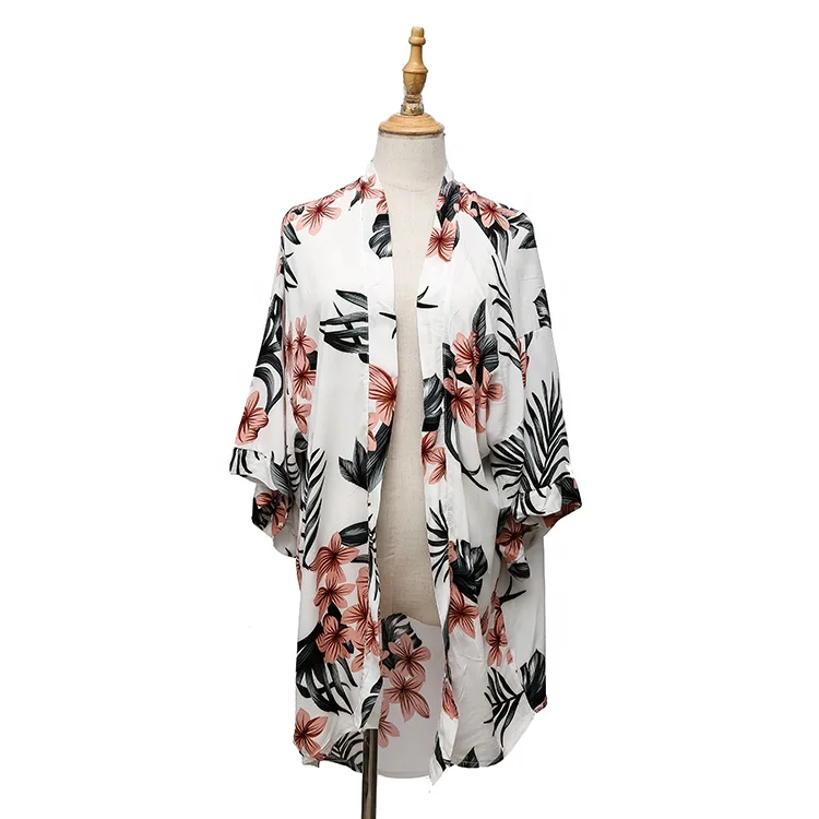 

2020 New Arrivals Floral Print 100%Viscose Printed Ladies Front Open Beach Dress Japanese Style Kimono, Picture