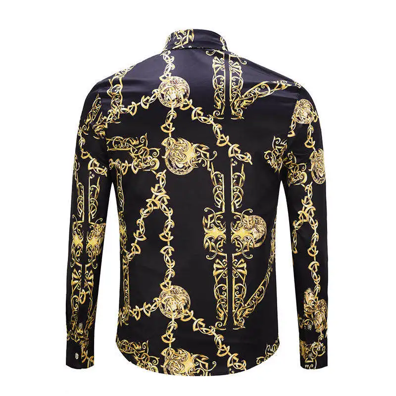 Mens Luxury Dress Shirts Baroque Black Gold Chain Print Casual