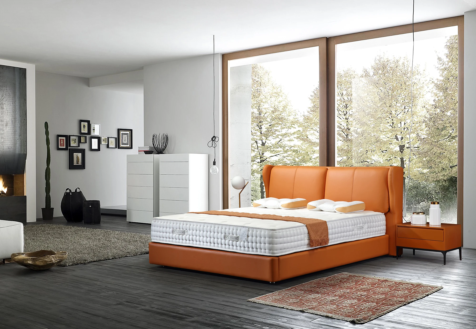 奢华橙色皮革床质量好的卧室家具简约主义