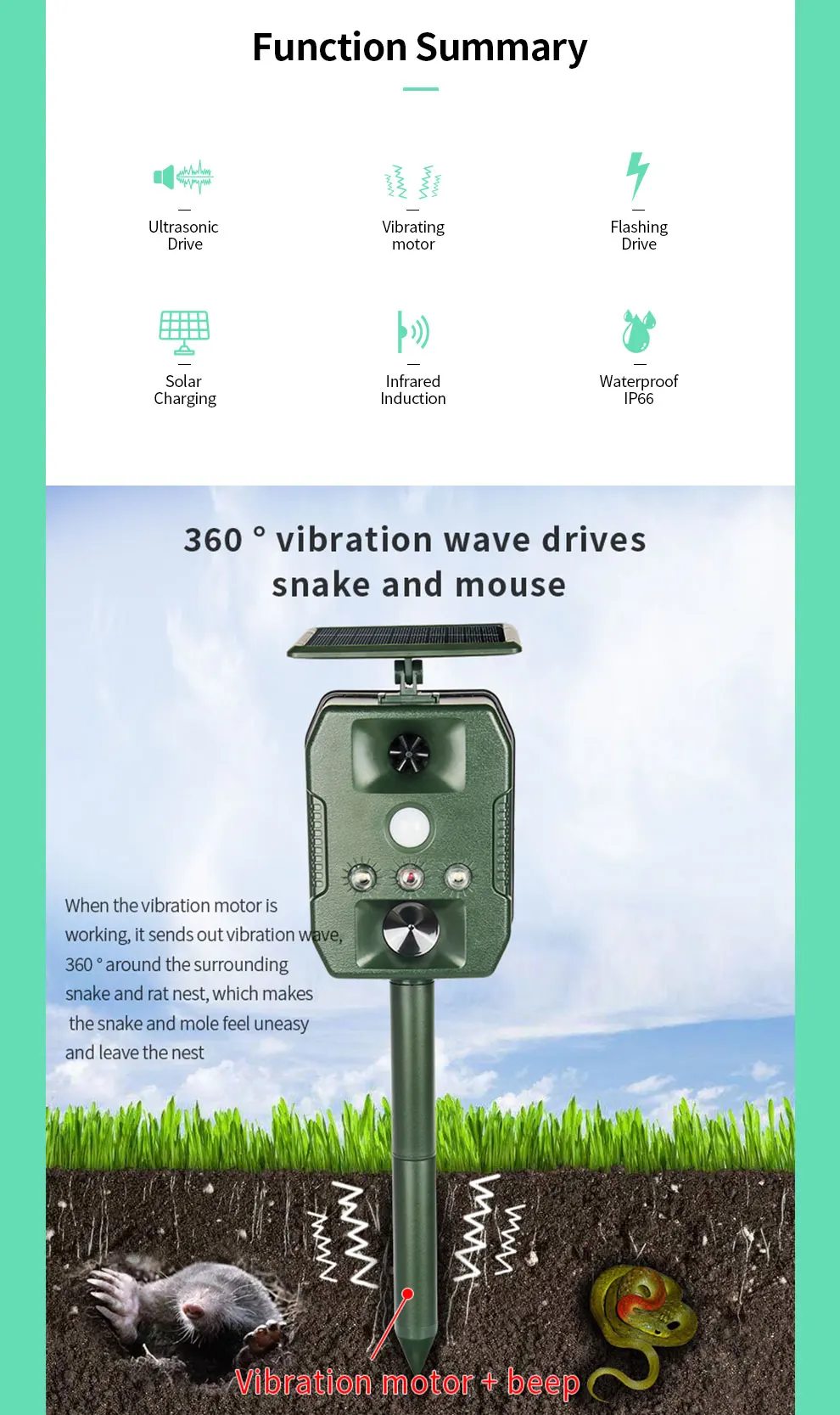 SAIJZEK Wholesale Outdoor Waterproof Solar Powered Animal Repeller Monkey Bat Mole Repeller Snake Cat Rat Bird Repellent details