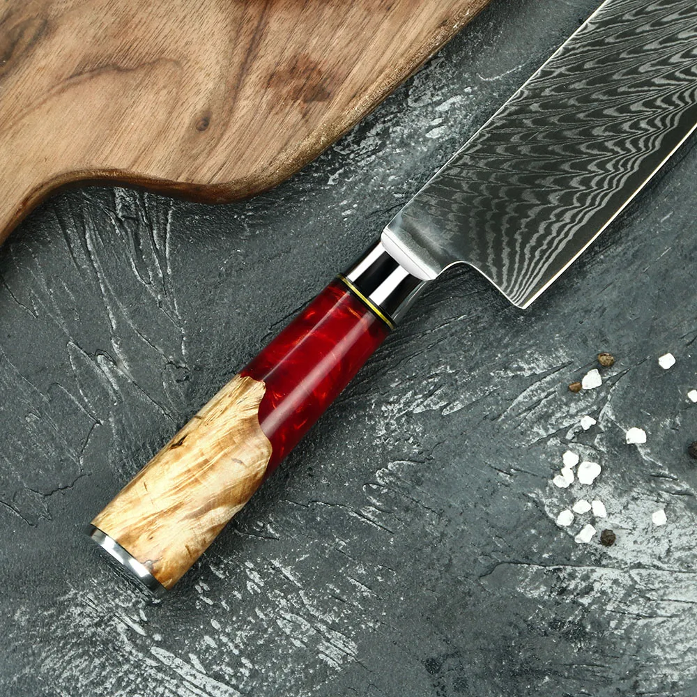 Red Resin Wood Handle Japan Damascus Knife Damascus Santoku Knife Chef ...