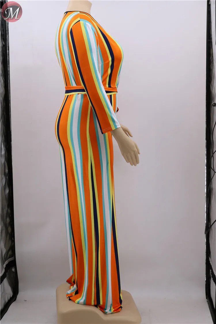 D90802001 queenmoen fashionable long sleeve v-neck striped belt plus size wide-leg woman jumpsuit