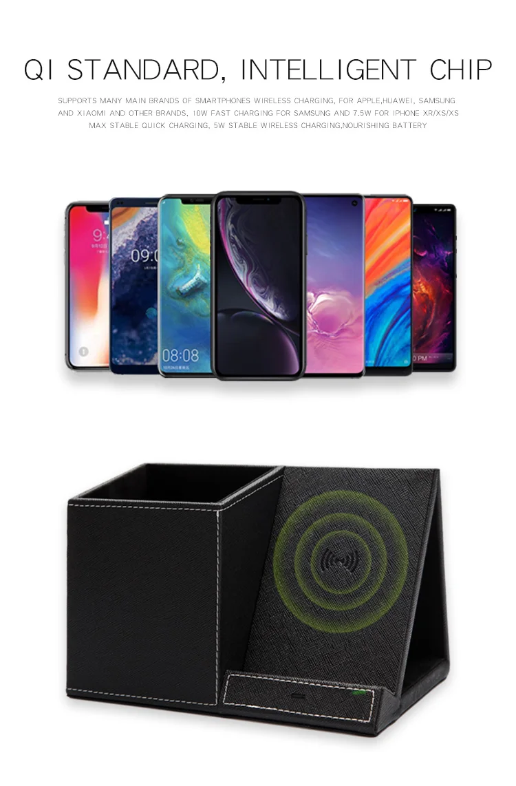 2019 New Design PU Wireless Charger with Pen Holders, 10W Qi PU Fabric OEM Wireless Charger Stand