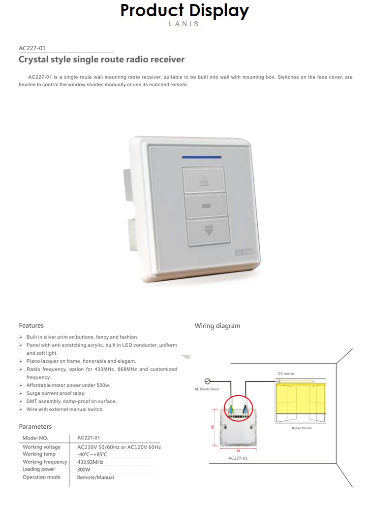 A-OK AC135-01 RF Wireless Wall Switch, 1 Channel, White