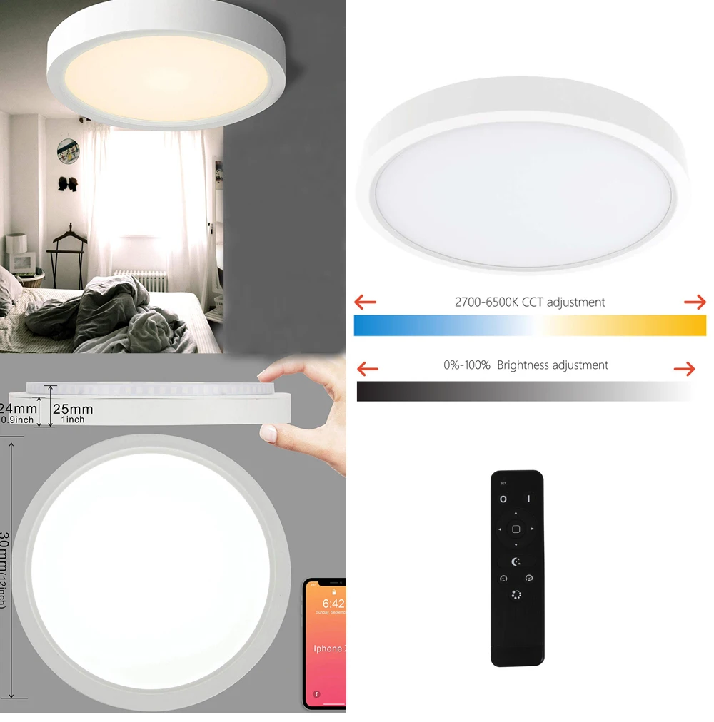 24w Modern Round Ceiling Lights With Remote Control,Color Change Warm/cool White Temperature